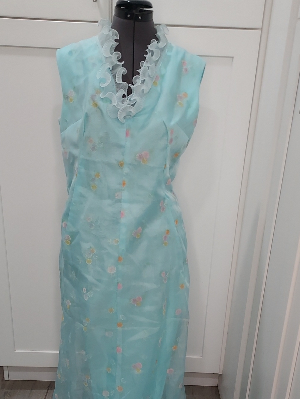 Light Aqua Floral Organza Dress with Ruffle V-Neck